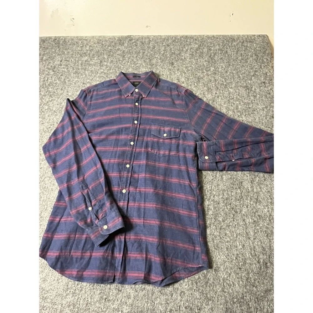 J CREW Shirt Mens Large Blue Brushed Twill Button Long Sleeve Striped Red‎